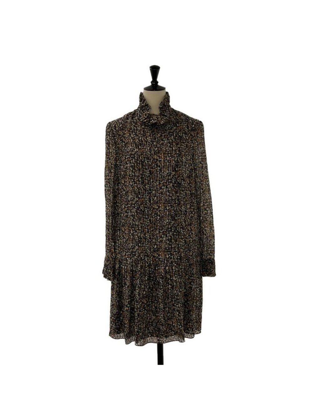 Celine Silk Stripe All Over Print Ruffle Color Dress Black Gold Brown 36